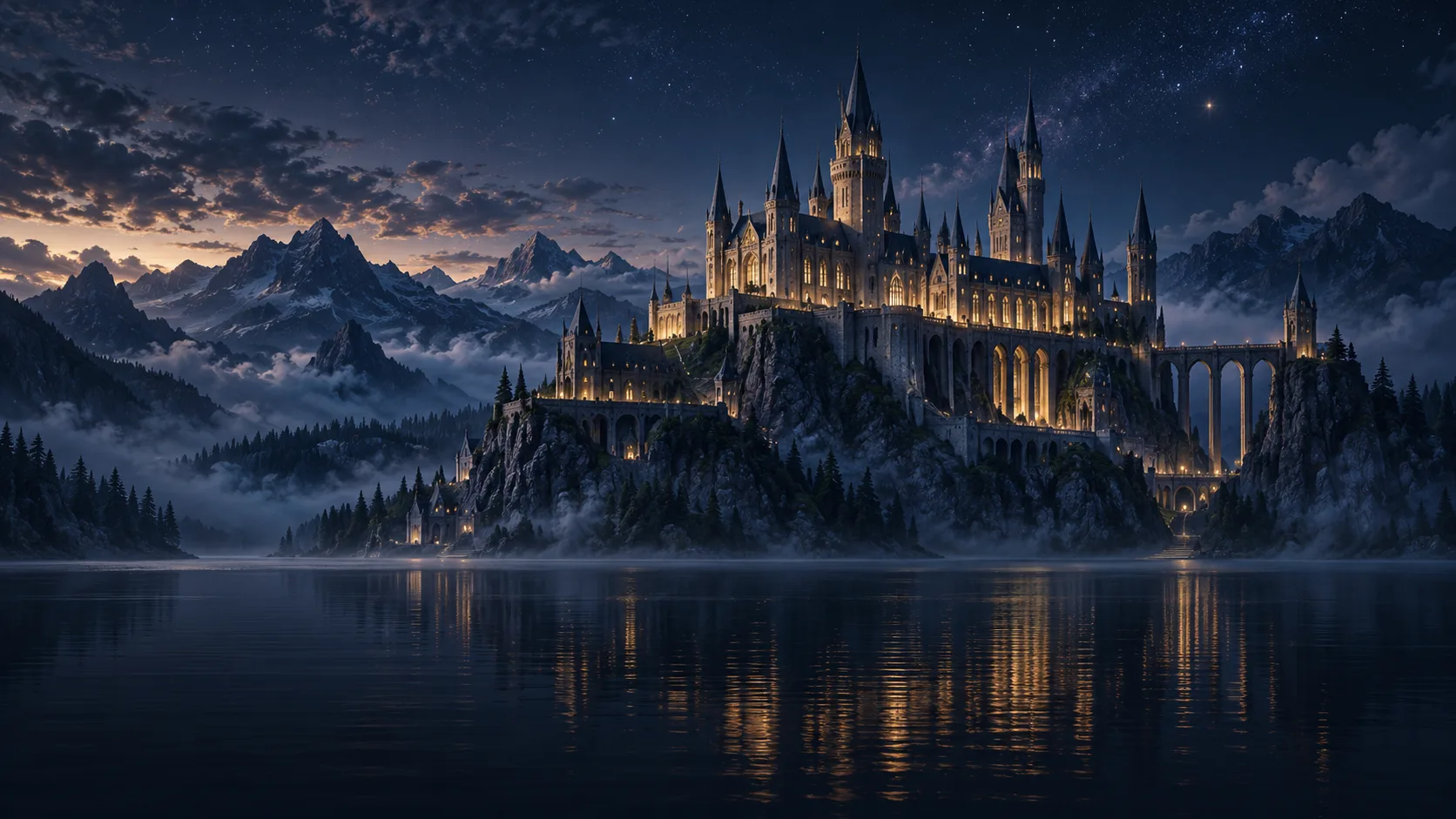 Original illustration of a distant illuminated castle above a misty lake at night